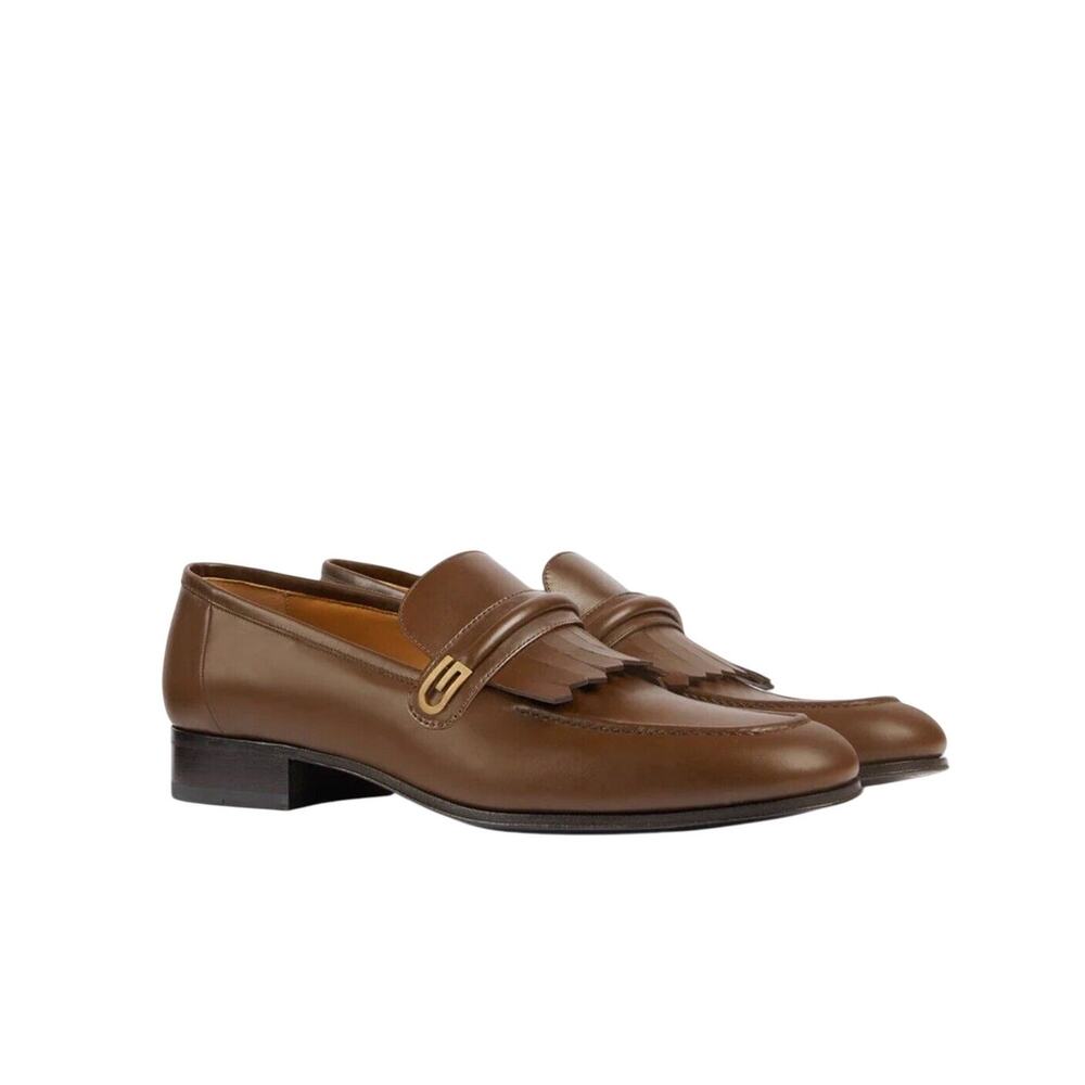 NIB Gucci Mirrored G Size 8.5 US 9 Fringed Loafer Brown Italian Leather Shoe